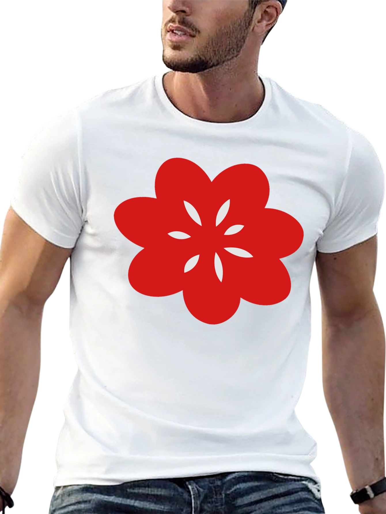 Black T-Shirt with Red Flower Graphic