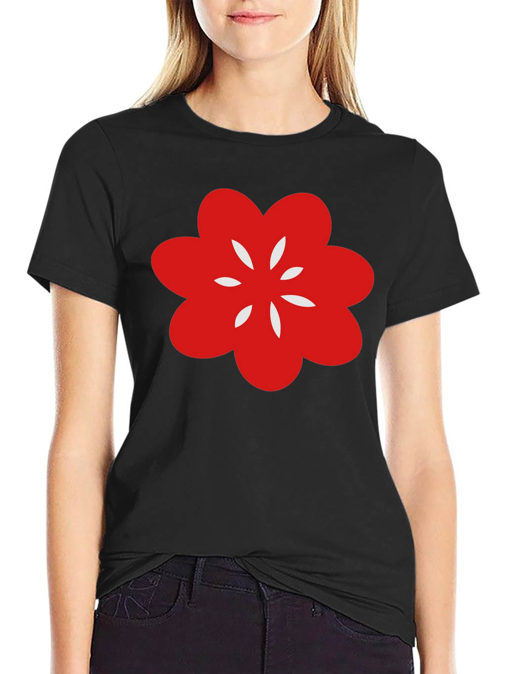 Black T-Shirt with Red Flower Graphic