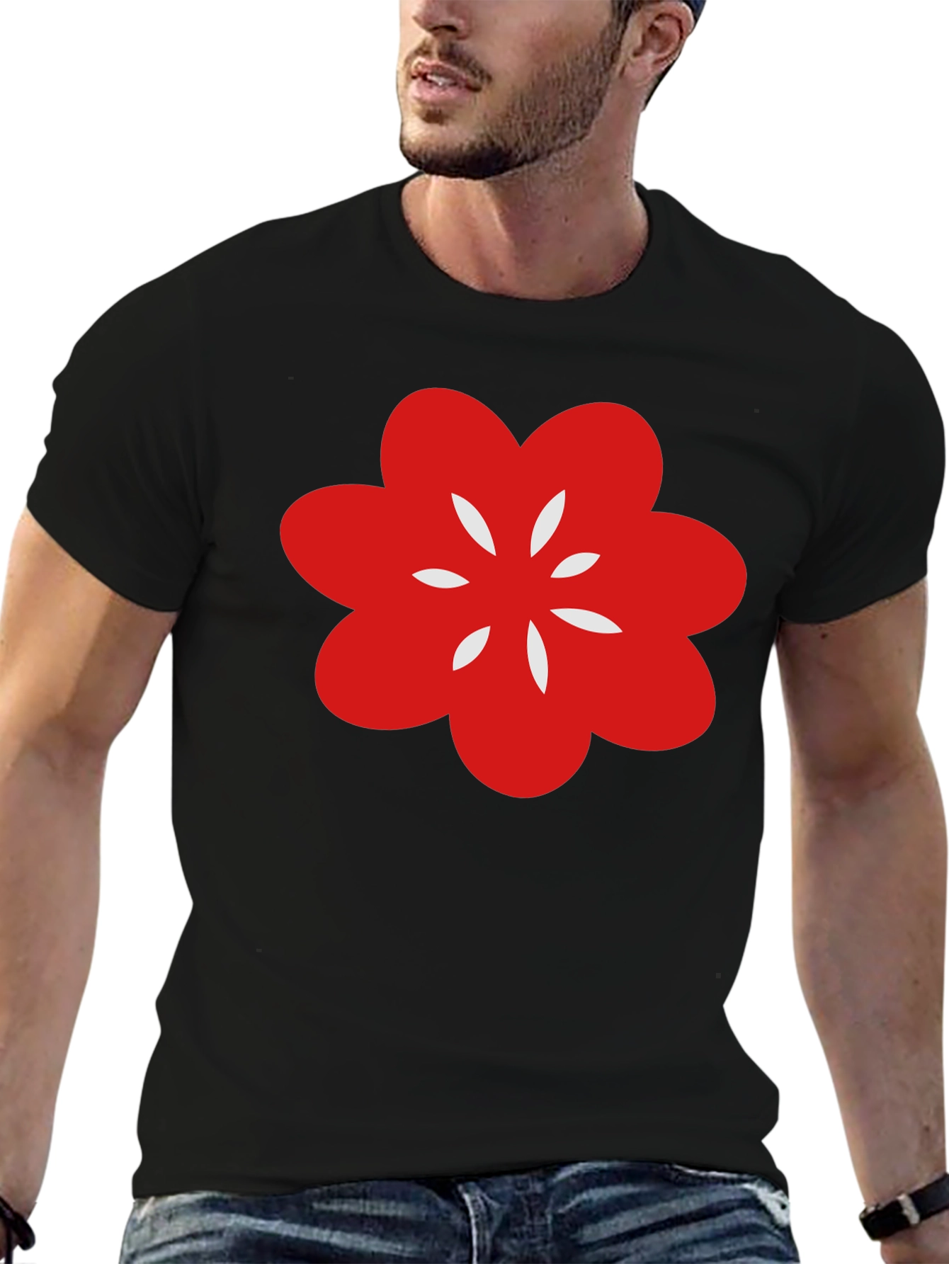 Black T-Shirt with Red Flower Graphic