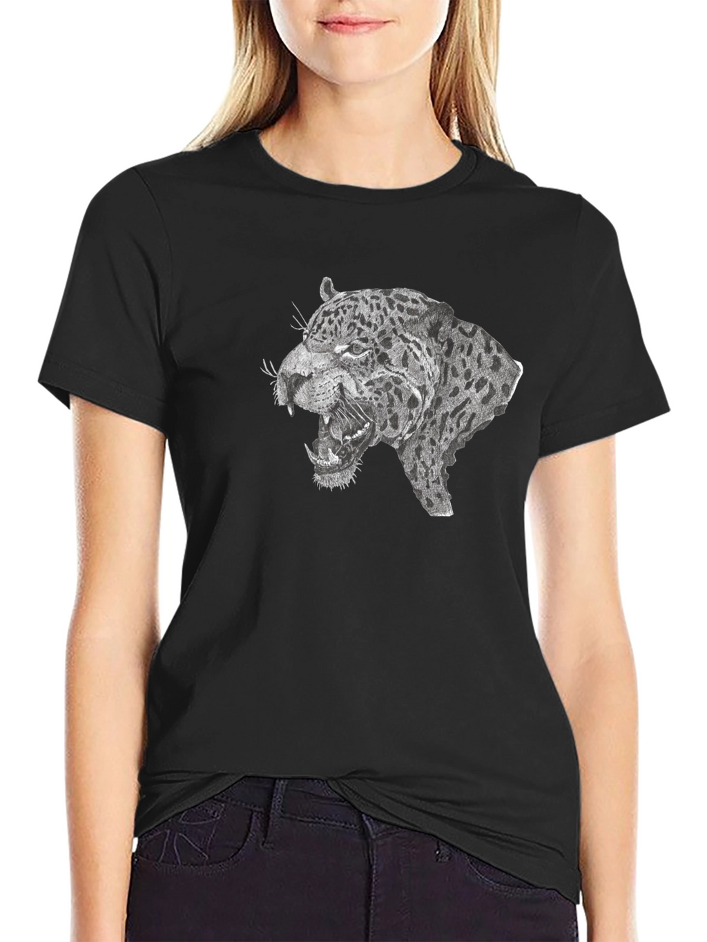 Black T-Shirt with Roaring Leopard Graphic