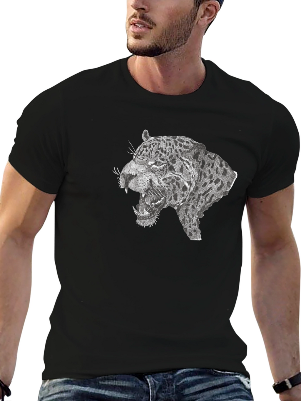 Black T-Shirt with Roaring Leopard Graphic