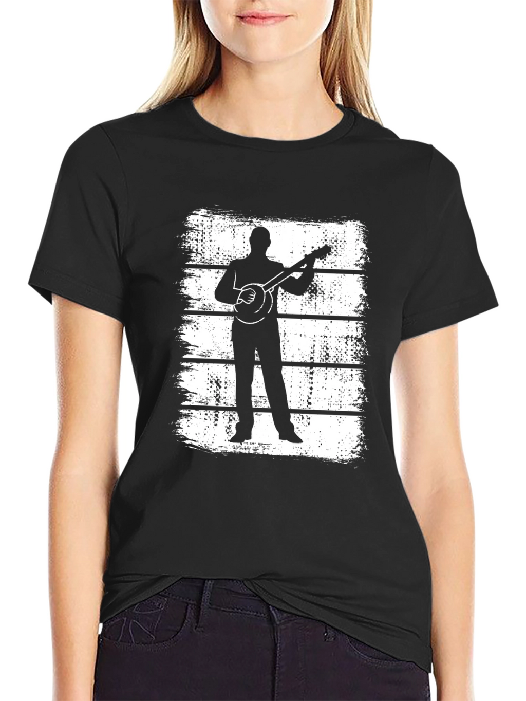 Banjo Player Silhouette Graphic Tee - Black