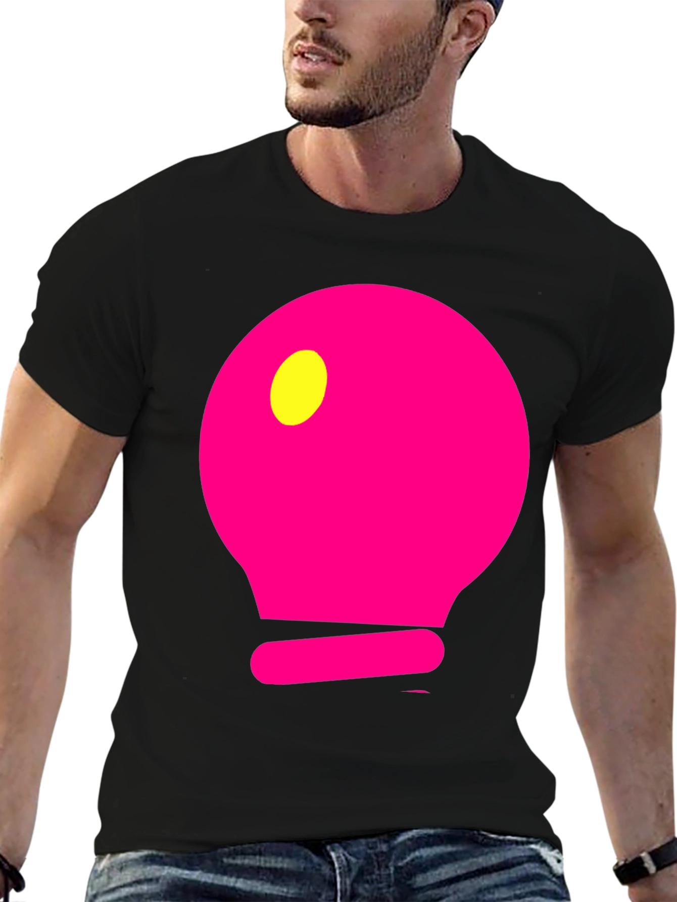 Mens Black T-Shirt with Pink Light Bulb Design