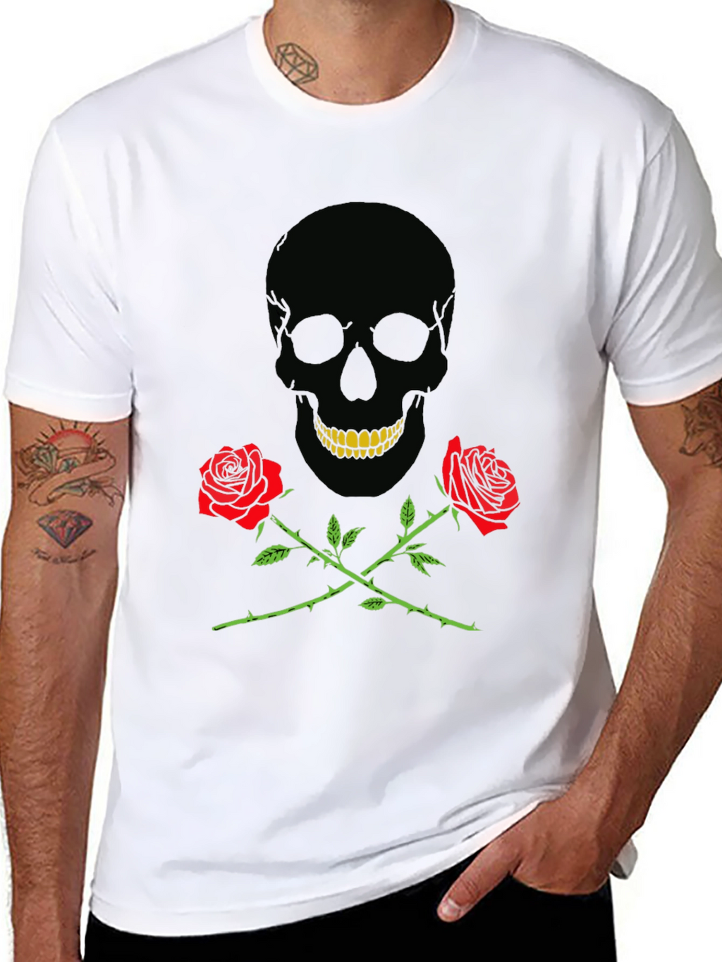 Skull & Roses Graphic Tee - Black Cotton T-Shirt