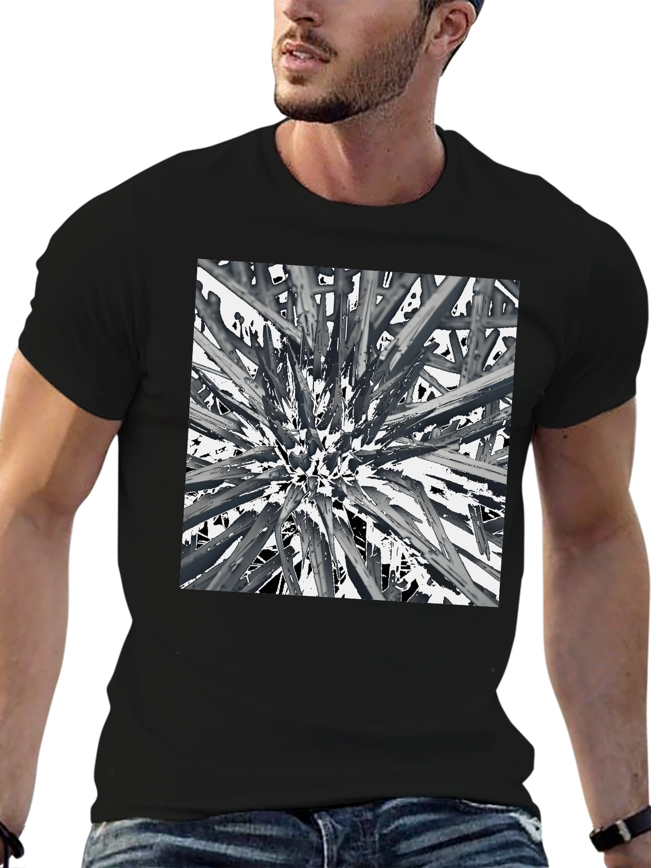 Abstract Spike Design Black Graphic Tee - Unique Style