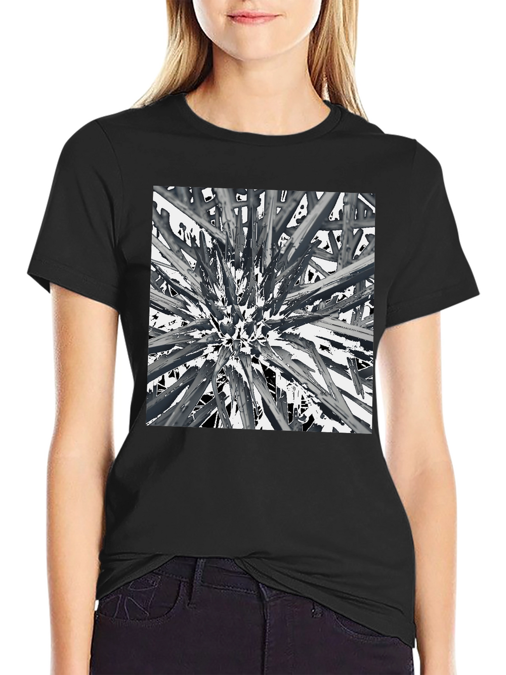 Abstract Spike Design Black Graphic Tee - Unique Style