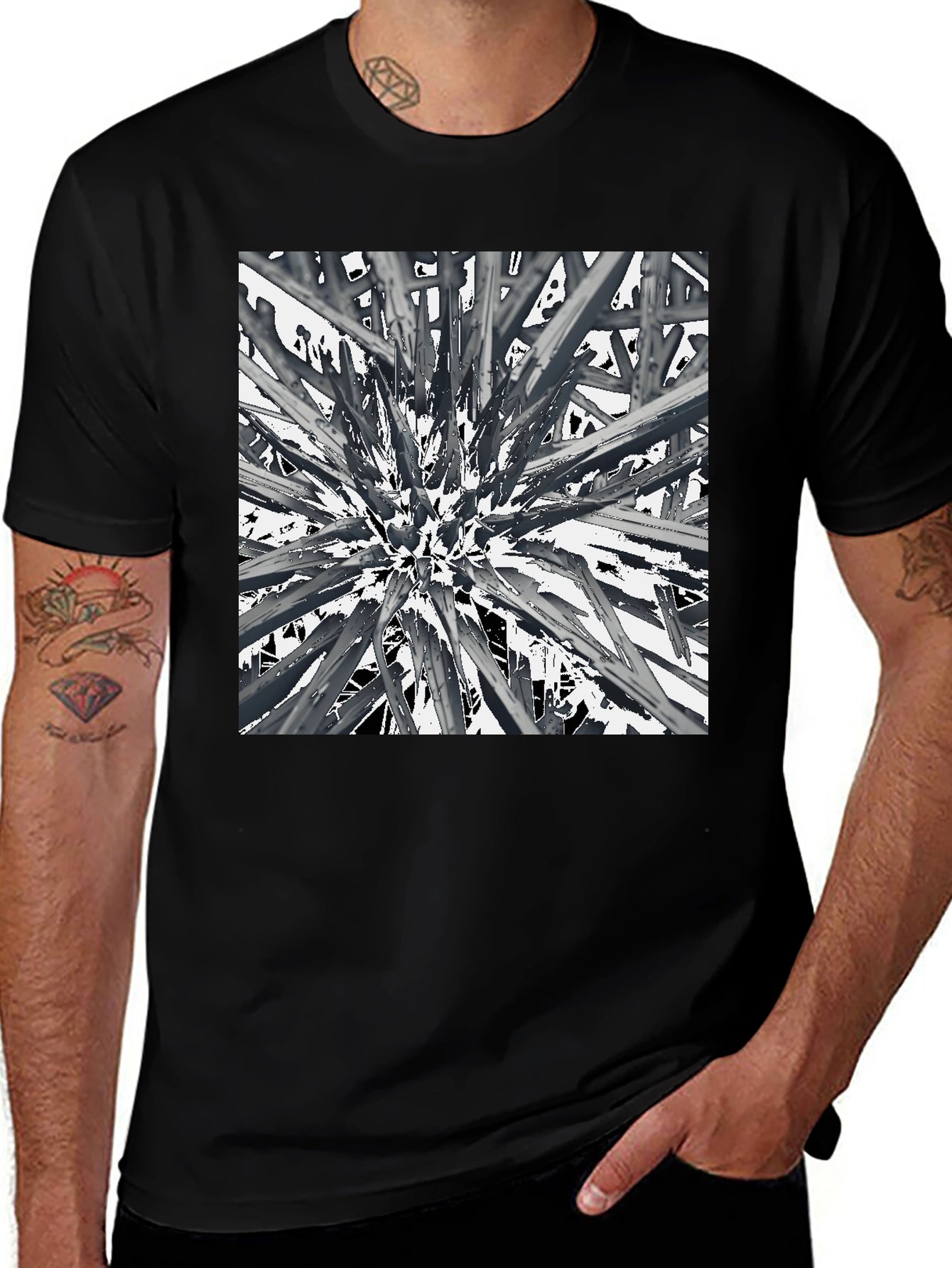 Abstract Spike Design Black Graphic Tee - Unique Style