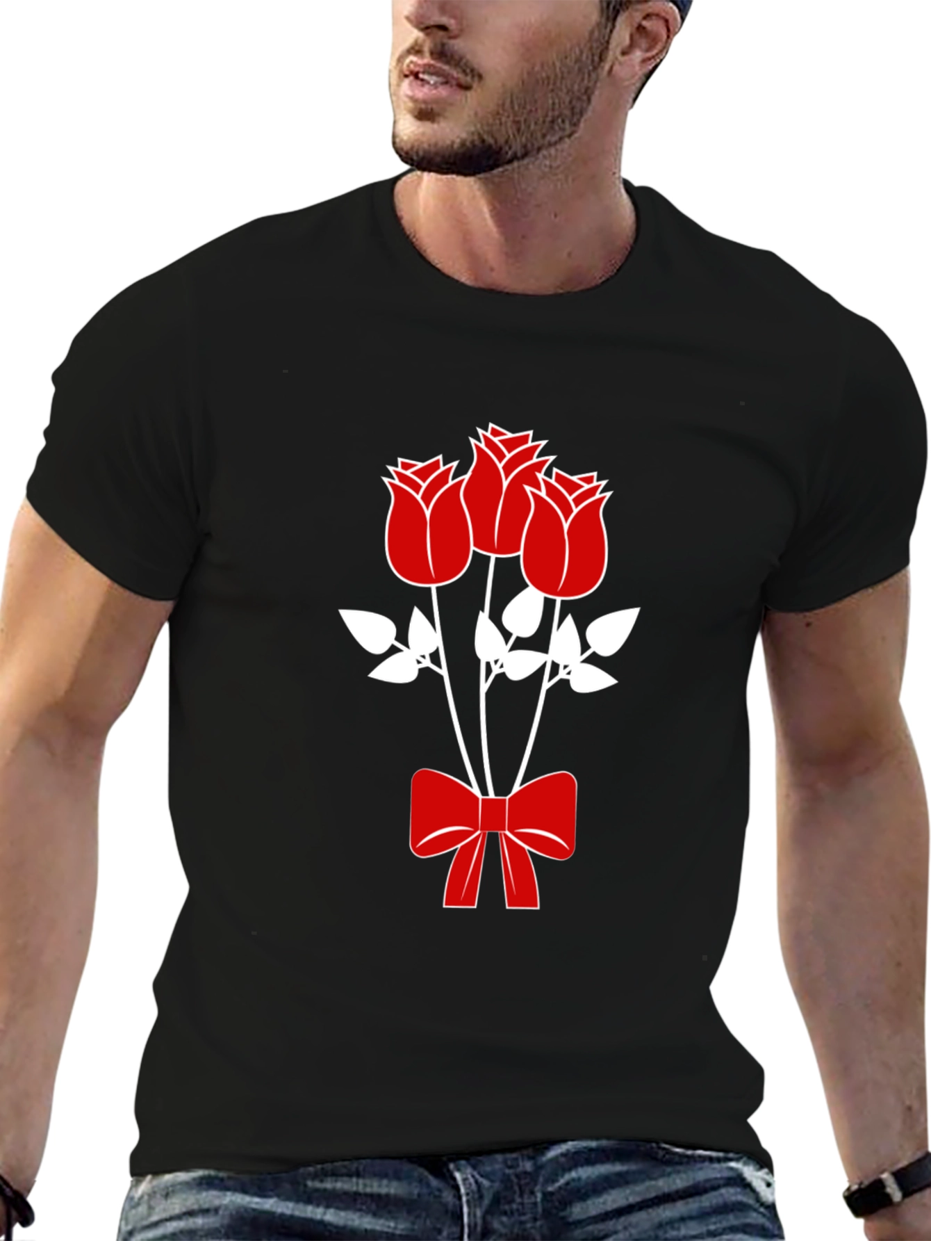 Mens Black Graphic Tee - Roses & Bow