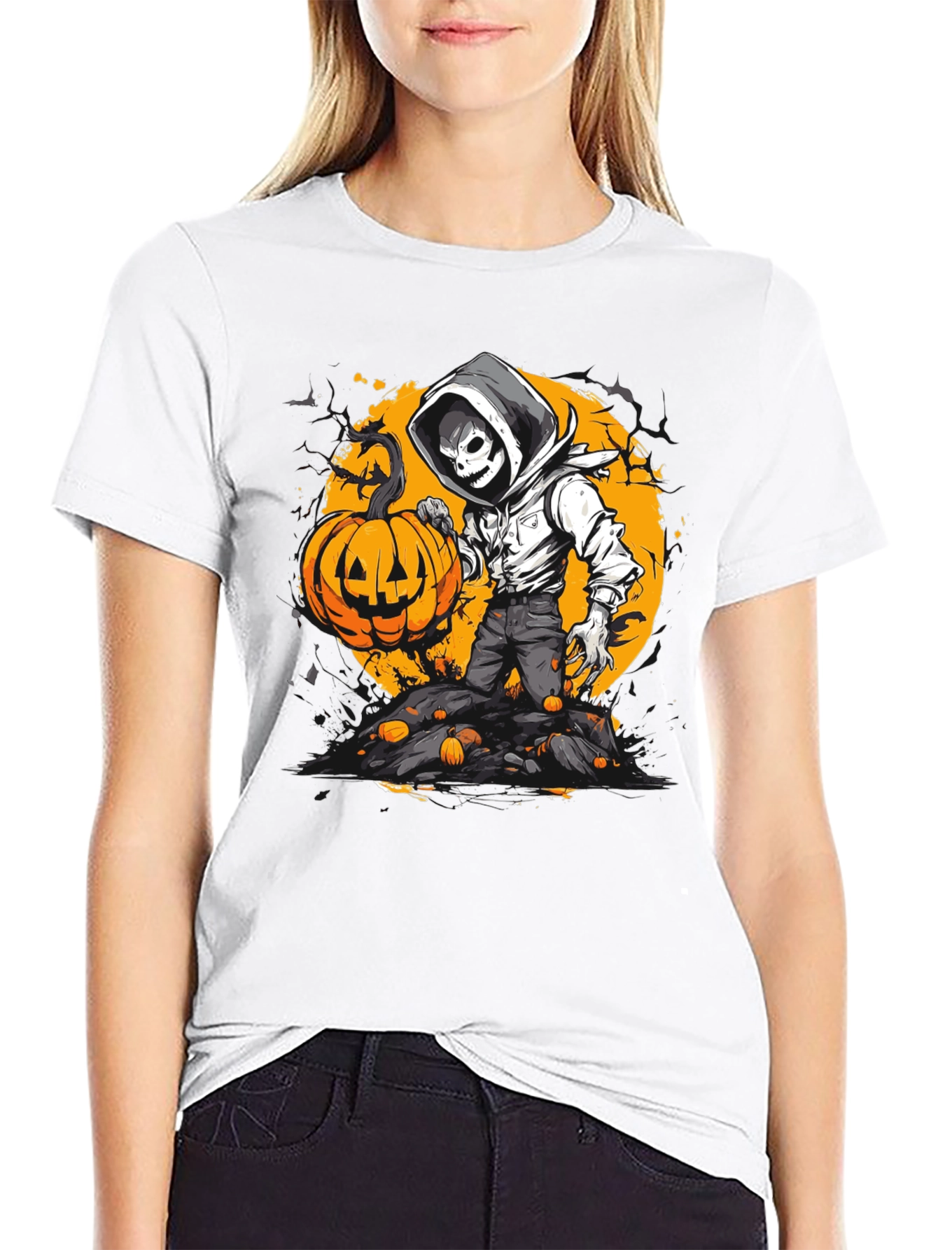 Halloween Pumpkin Skeleton Graphic Tee