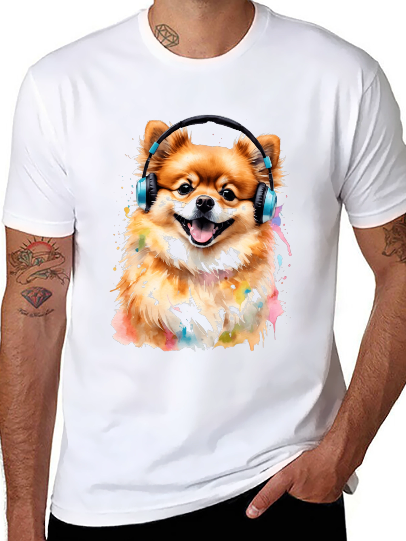 Dog with Headphones Graphic Tee - Black