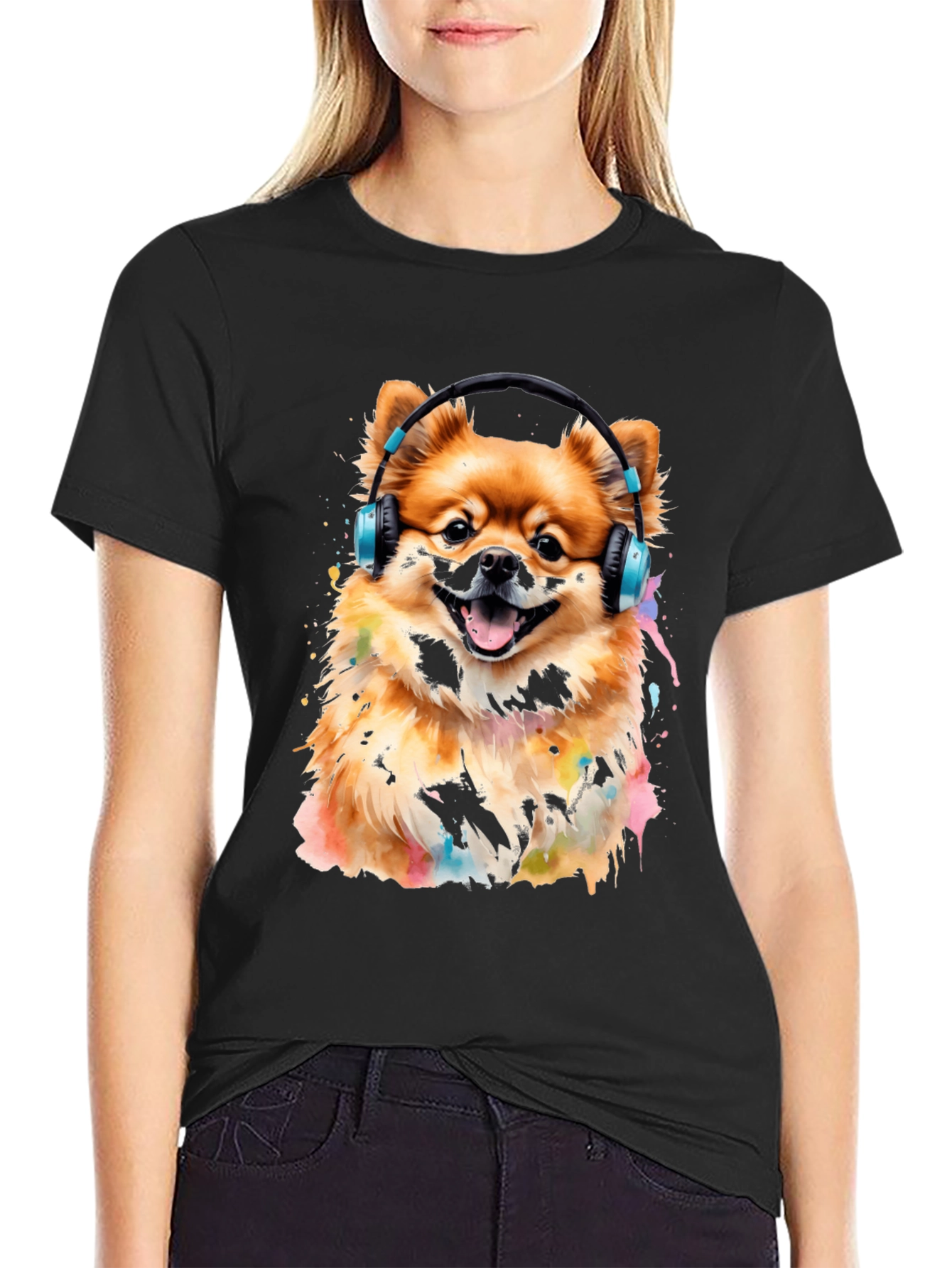 Dog with Headphones Graphic Tee - Black