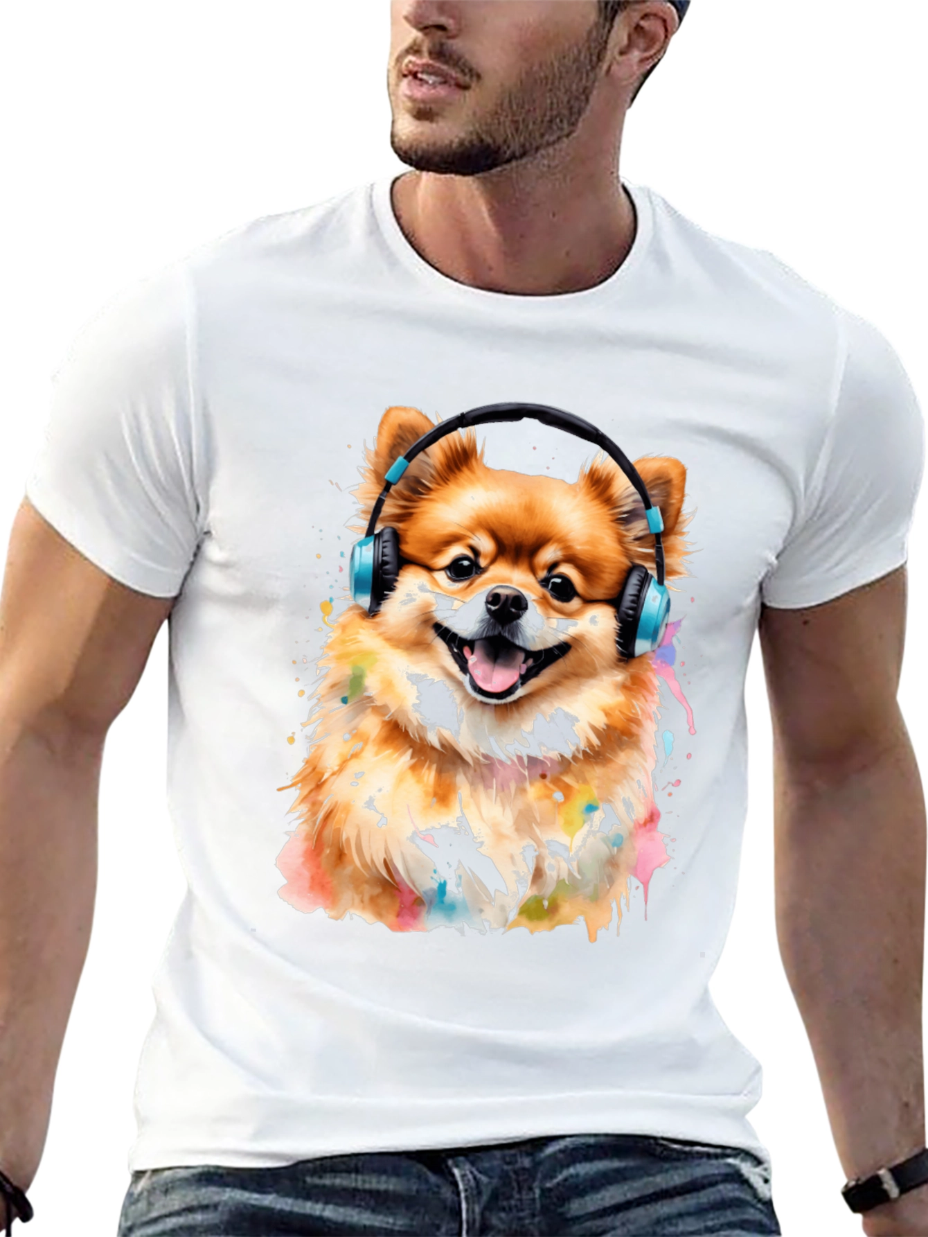 Dog with Headphones Graphic Tee - Black