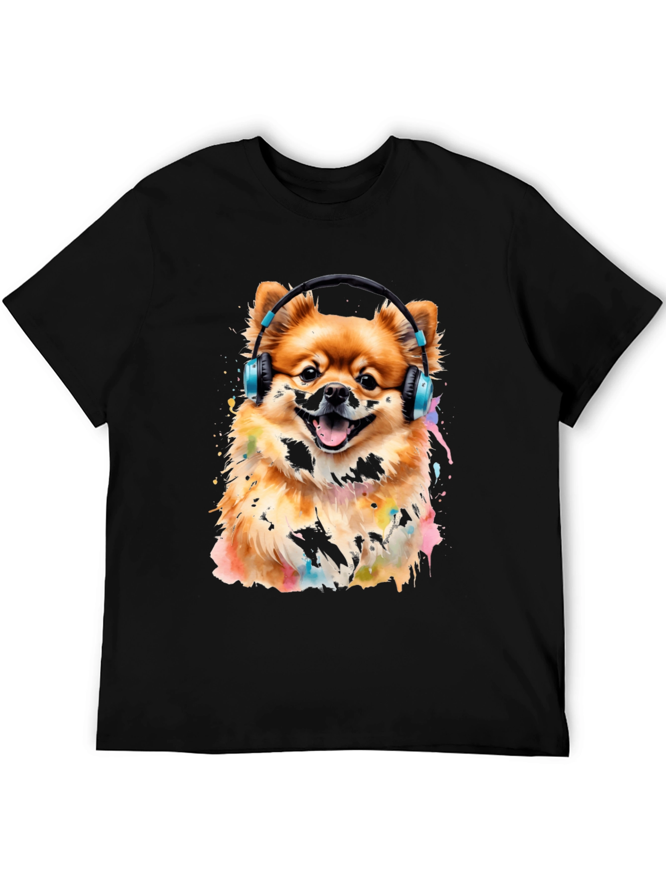 Dog with Headphones Graphic Tee - Black