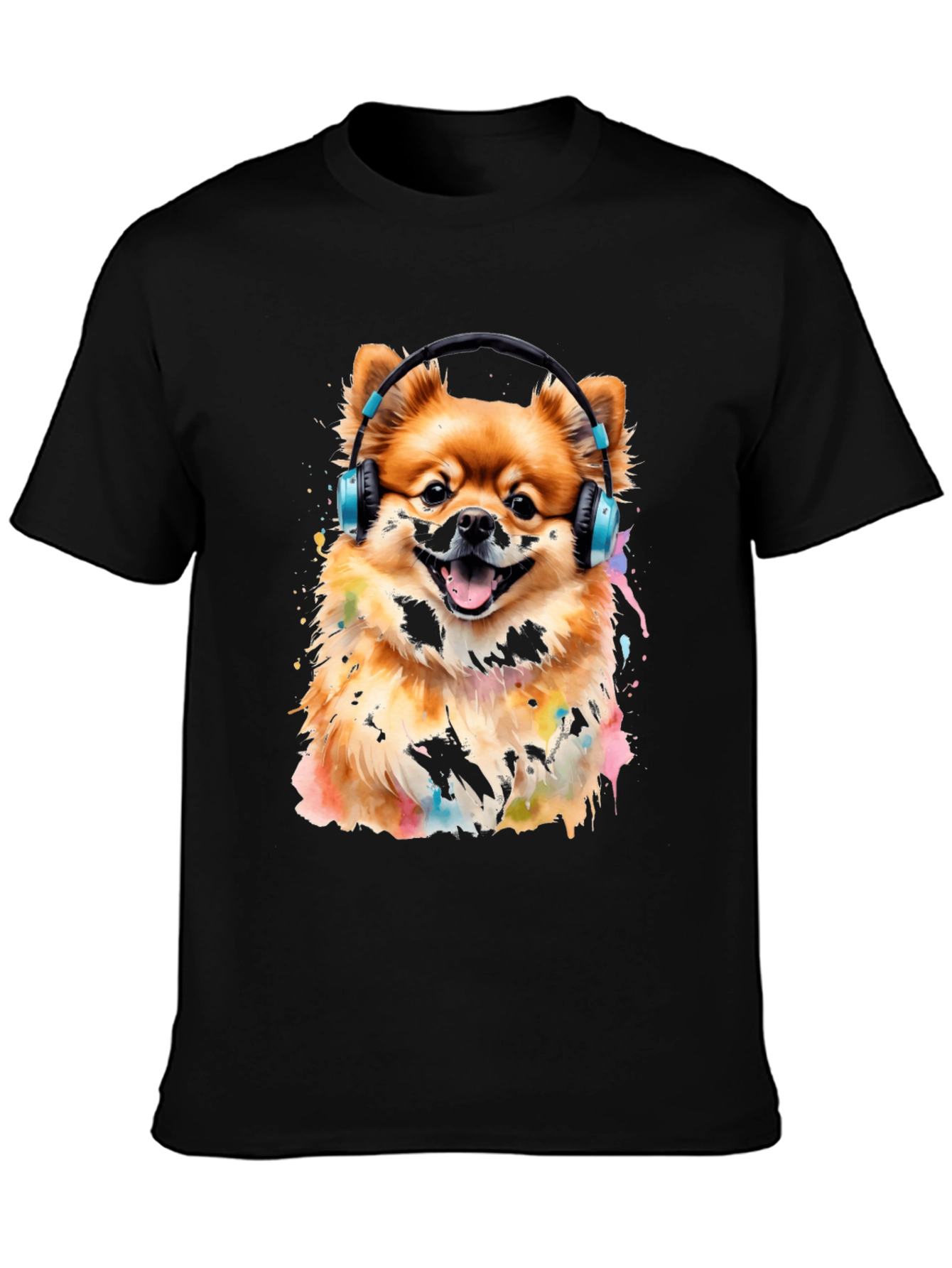 Dog with Headphones Graphic Tee - Black