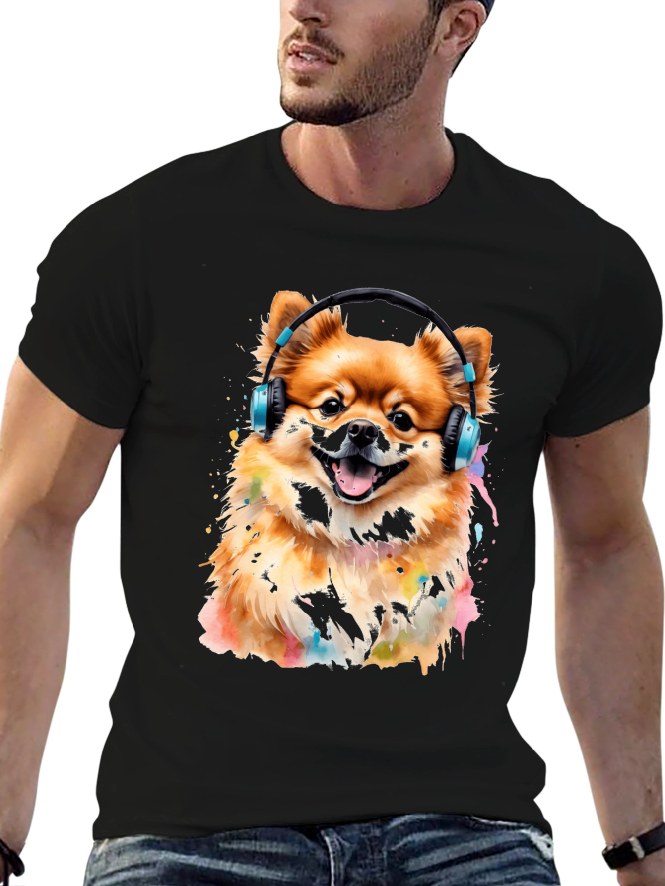 Dog with Headphones Graphic Tee - Black