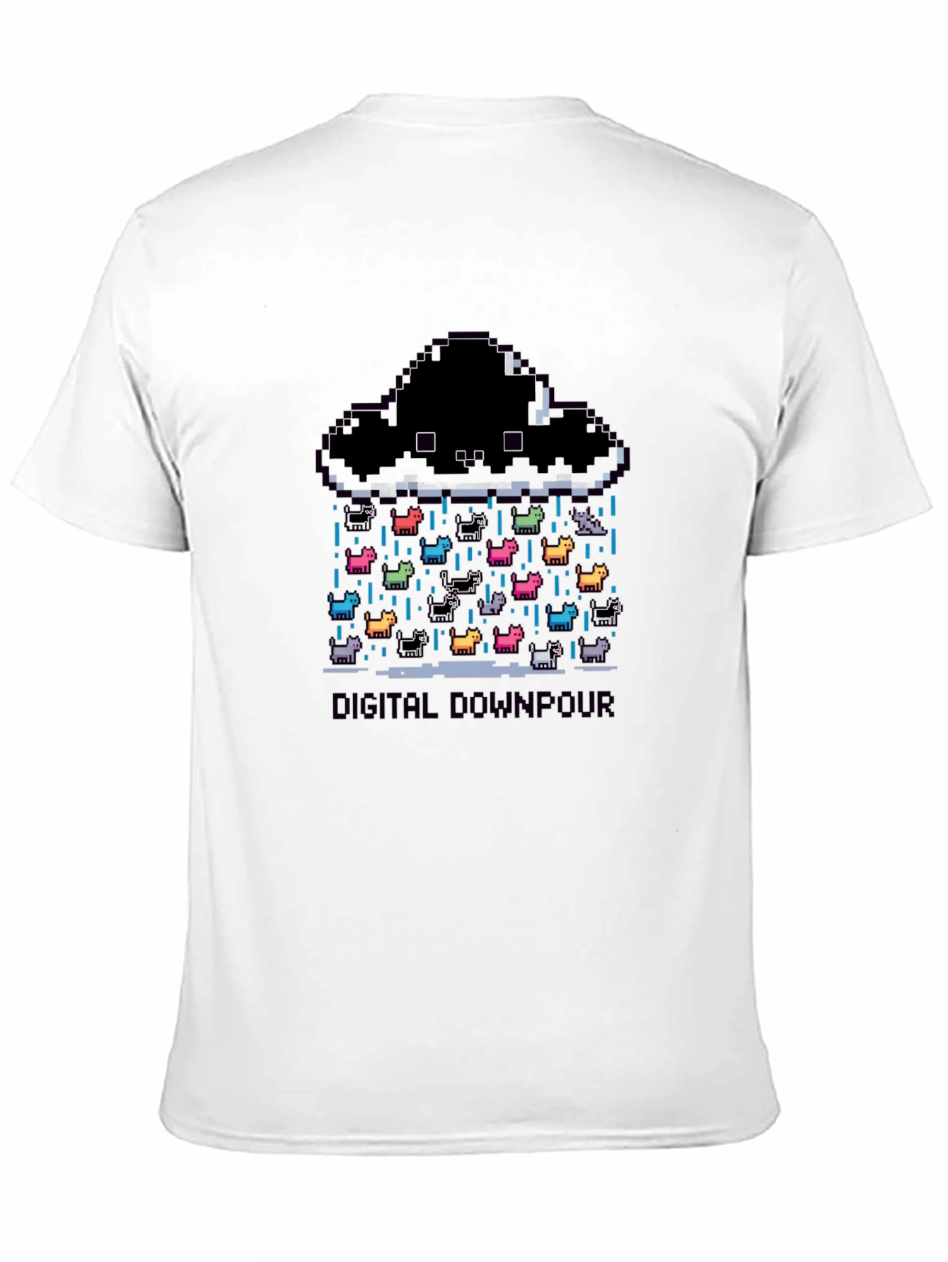 Digital Downpour T-Shirt - Pixel Art Cat Rain