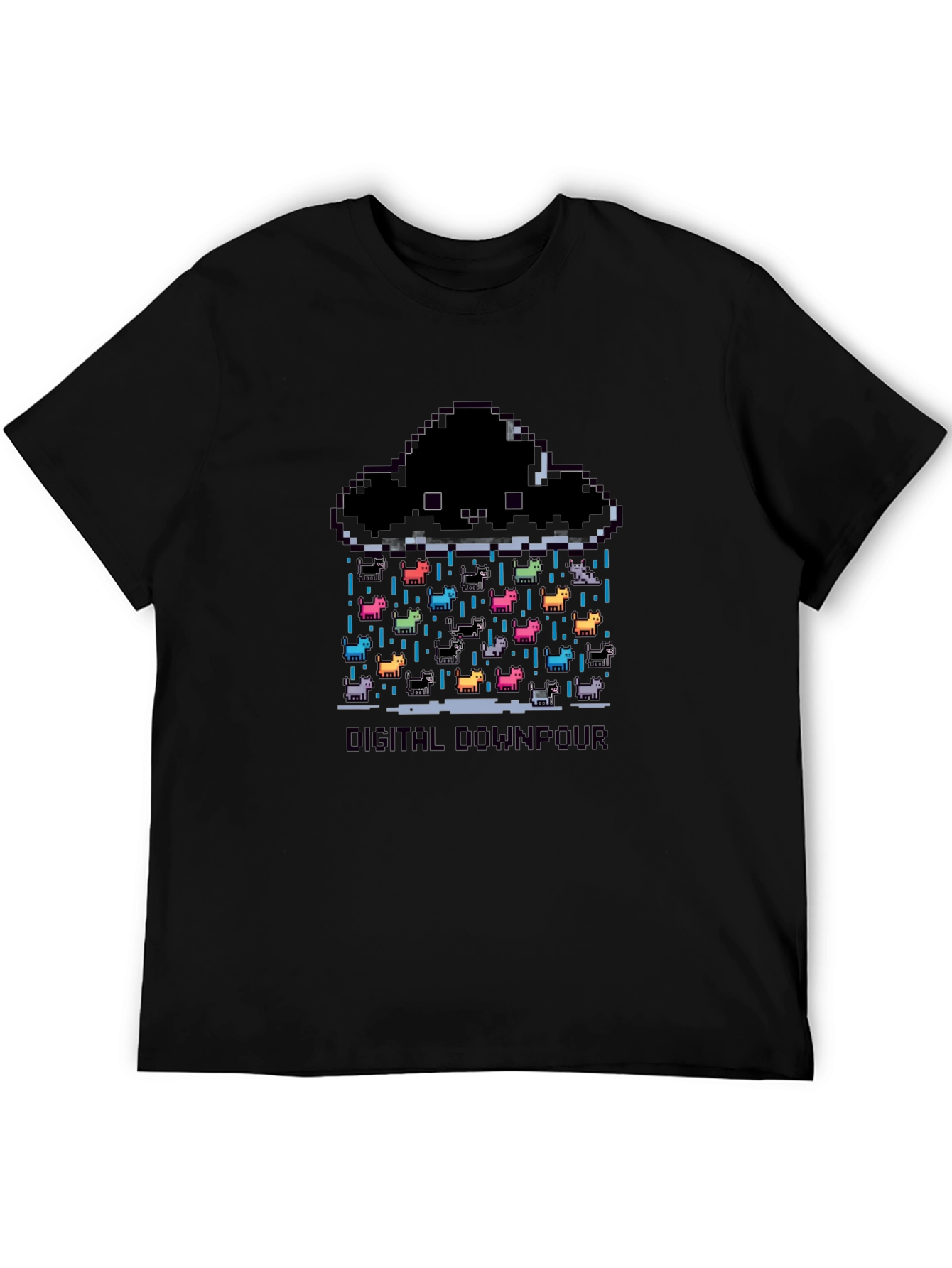 Digital Downpour T-Shirt - Pixel Art Cat Rain