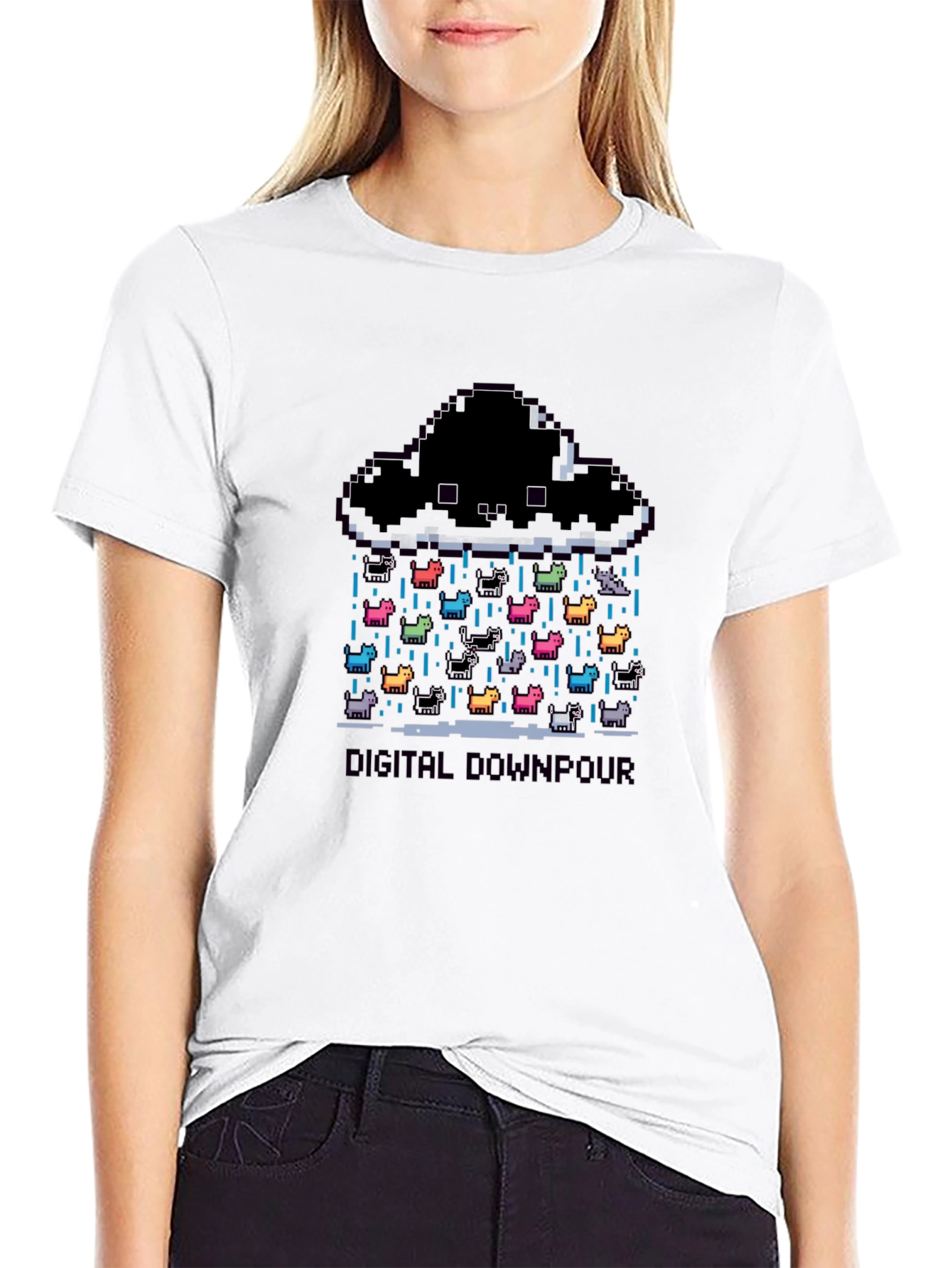 Digital Downpour T-Shirt - Pixel Art Cat Rain