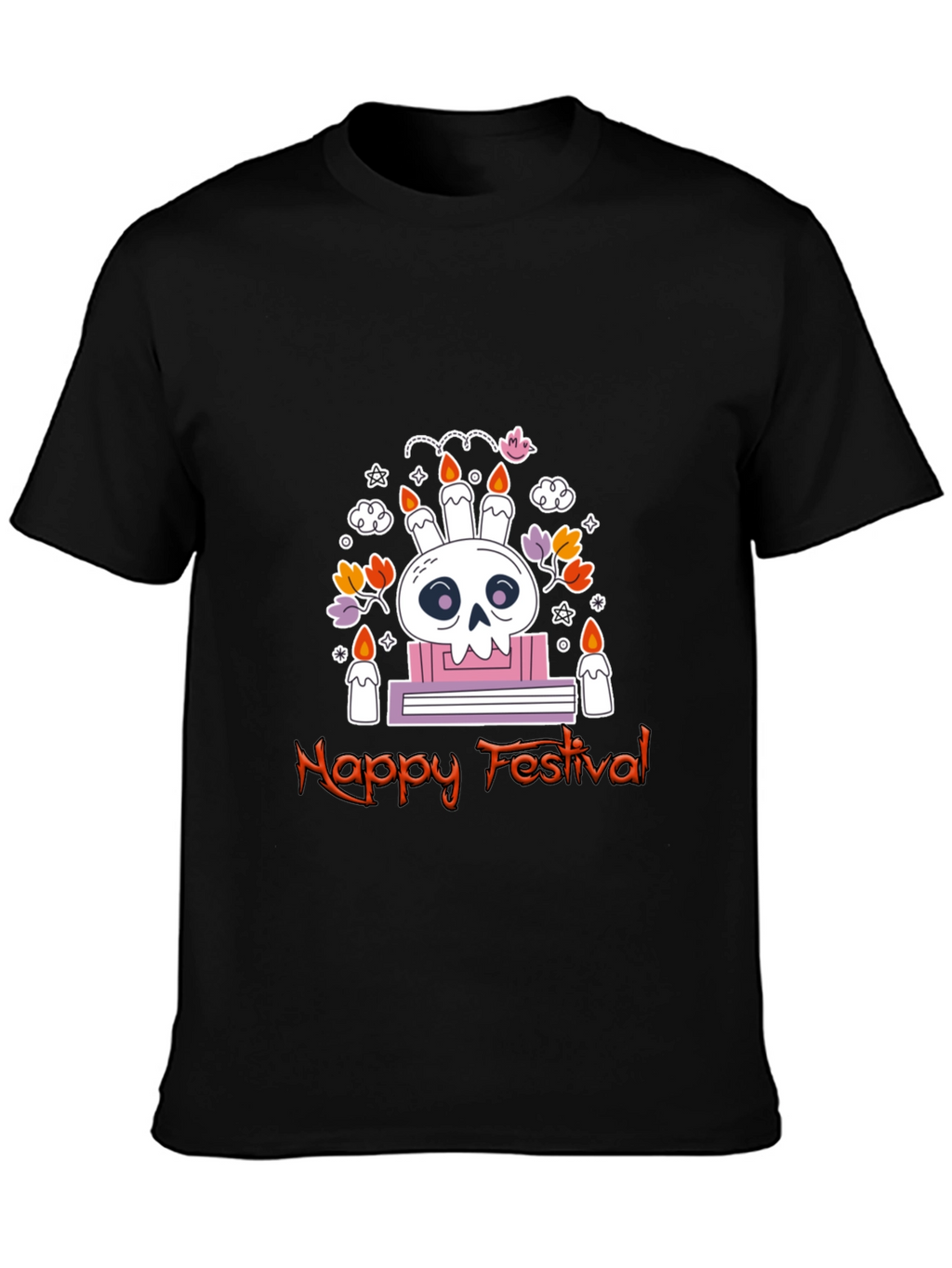 Happy Festival Skull Graphic Tee - Black Cotton