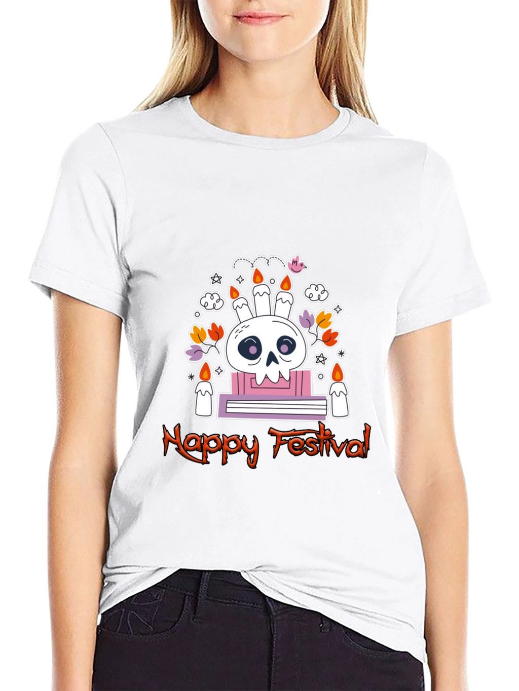 Happy Festival Skull Graphic Tee - Black Cotton