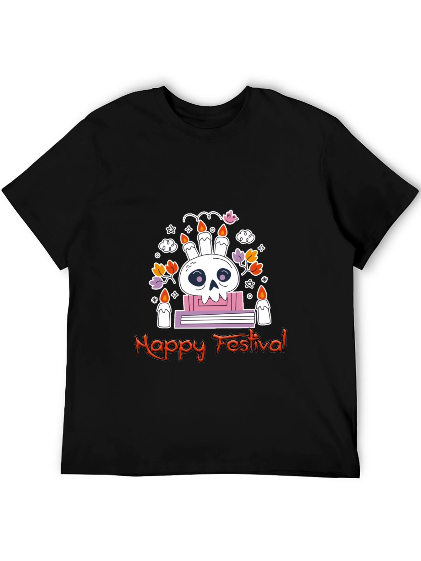 Happy Festival Skull Graphic Tee - Black Cotton