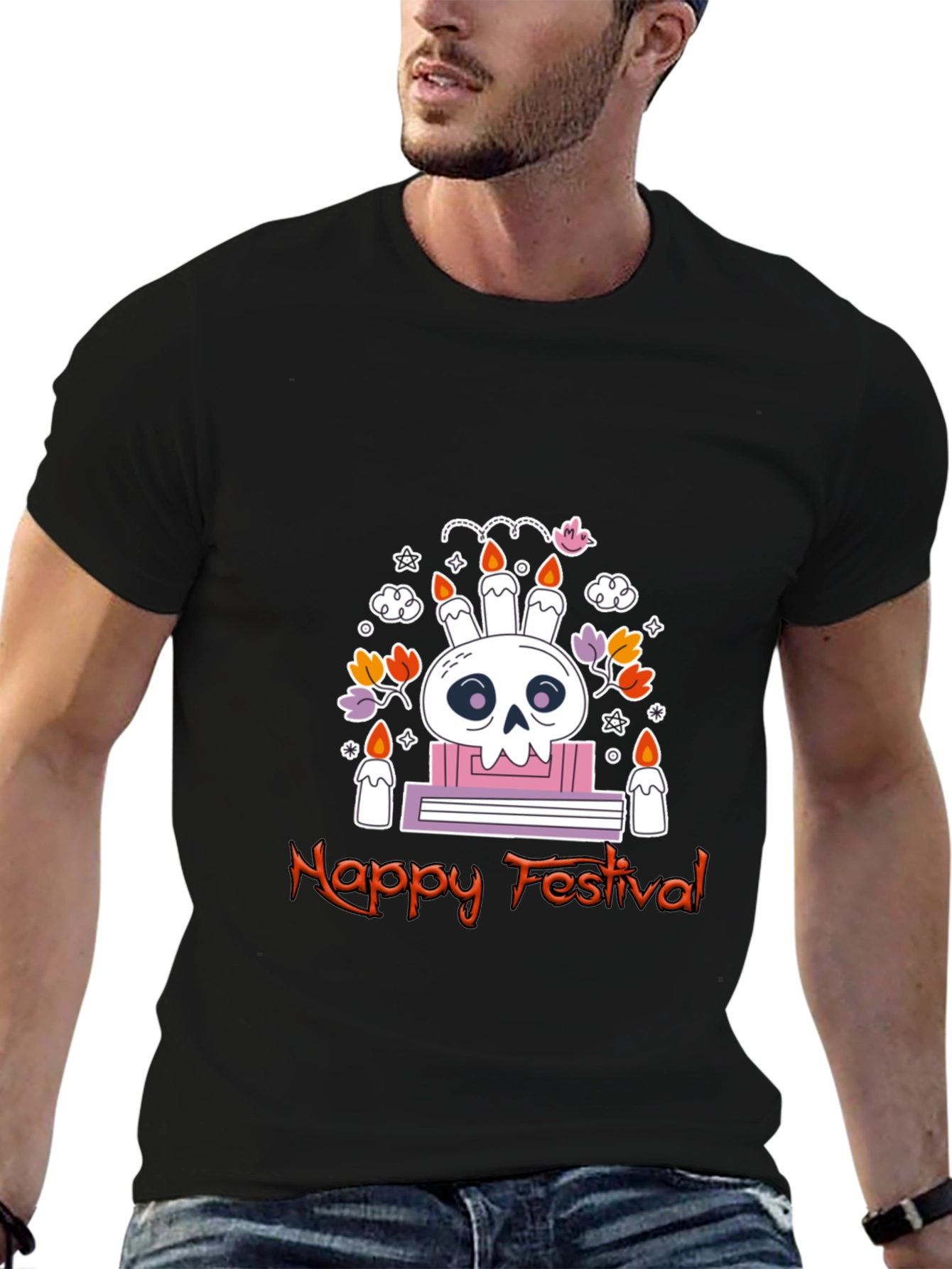 Happy Festival Skull Graphic Tee - Black Cotton