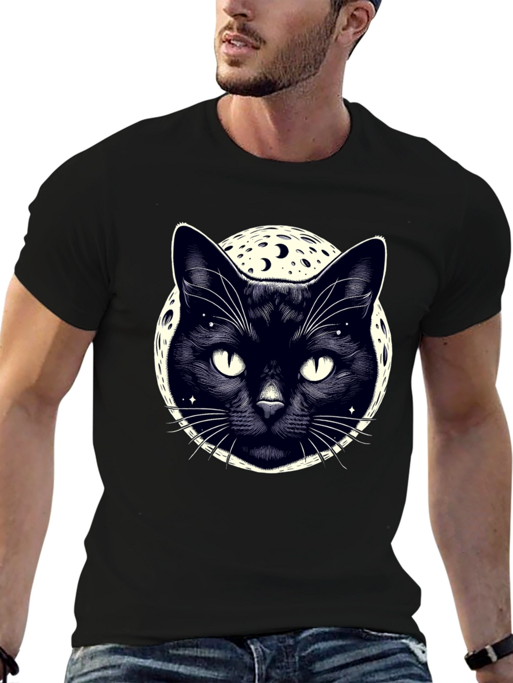 Mystic Cat Moon Graphic Tee - Black Cotton T-Shirt