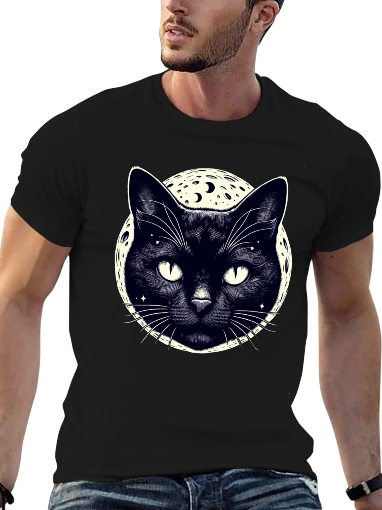 Mystic Cat Moon Graphic Tee - Black Cotton T-Shirt