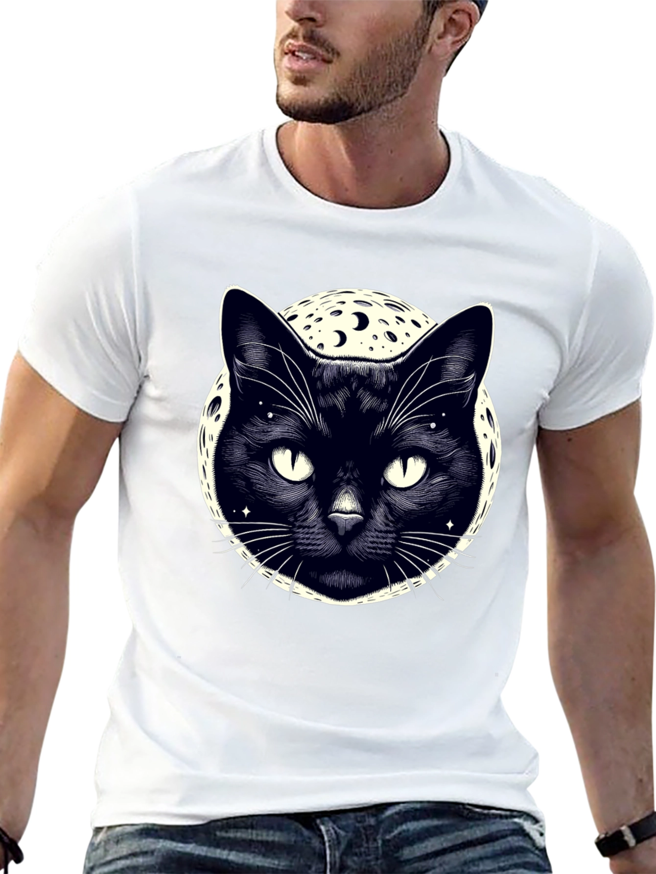 Mystic Cat Moon Graphic Tee - Black Cotton T-Shirt