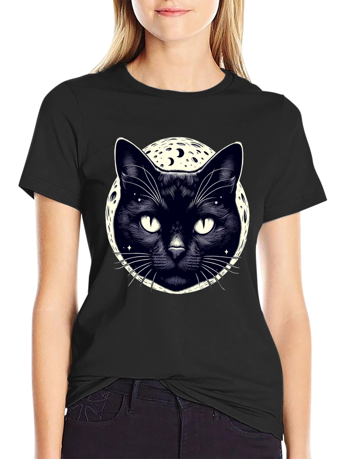 Mystic Cat Moon Graphic Tee - Black Cotton T-Shirt