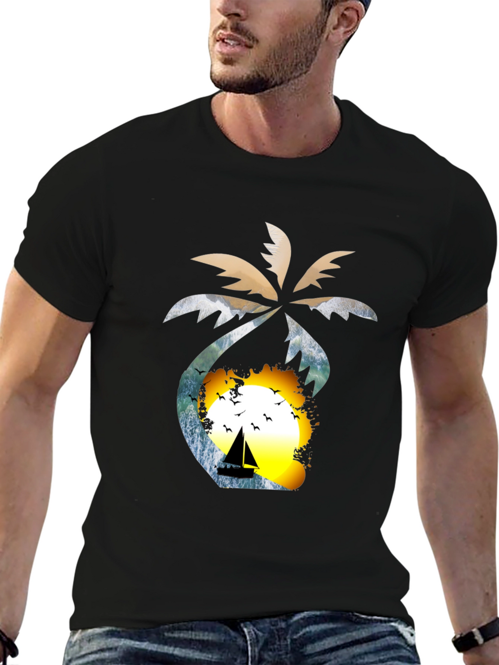 Tropical Sunset T-Shirt: Palm Tree Sailboat Design