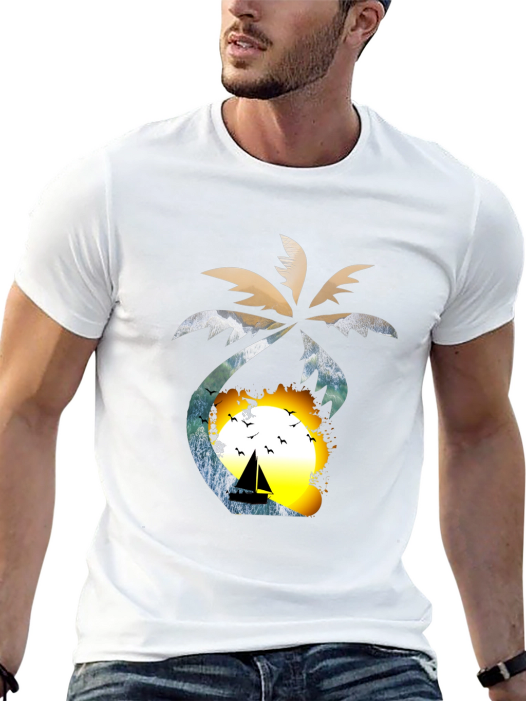 Tropical Sunset T-Shirt: Palm Tree Sailboat Design