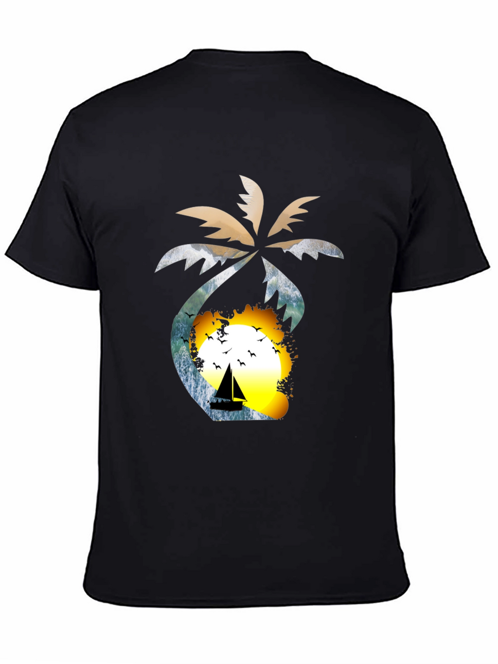 Tropical Sunset T-Shirt: Palm Tree Sailboat Design