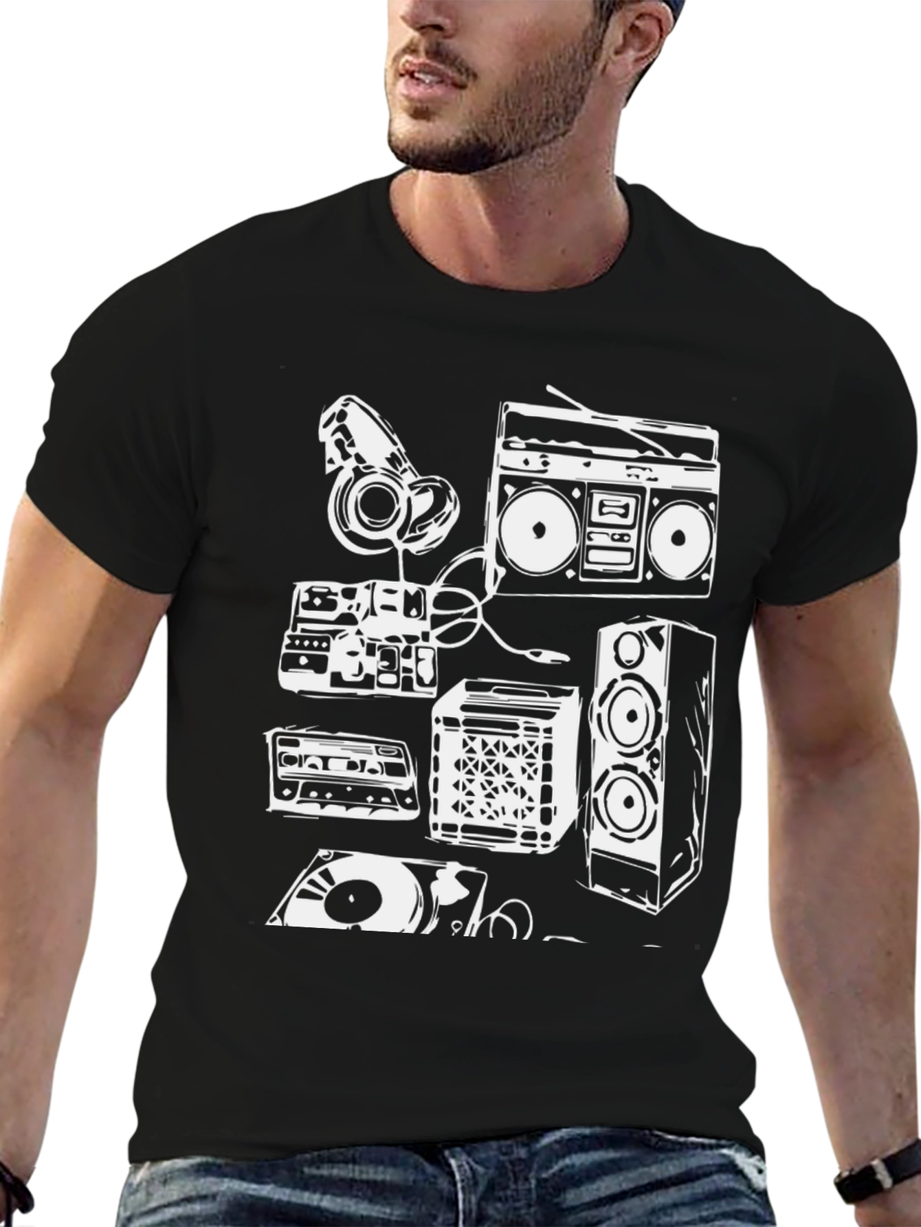 Retro Music Graphic Tee - Boombox & Vinyl Design