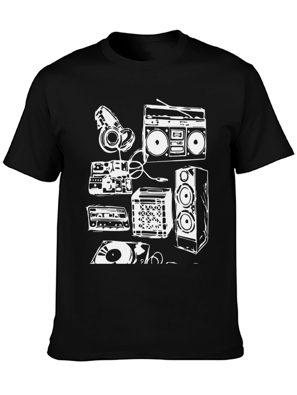 Retro Music Graphic Tee - Boombox & Vinyl Design