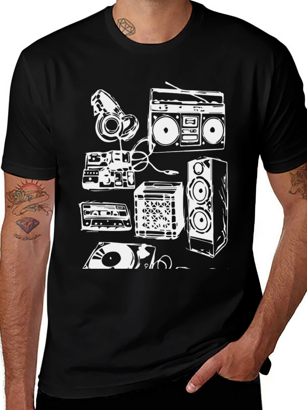 Retro Music Graphic Tee - Boombox & Vinyl Design