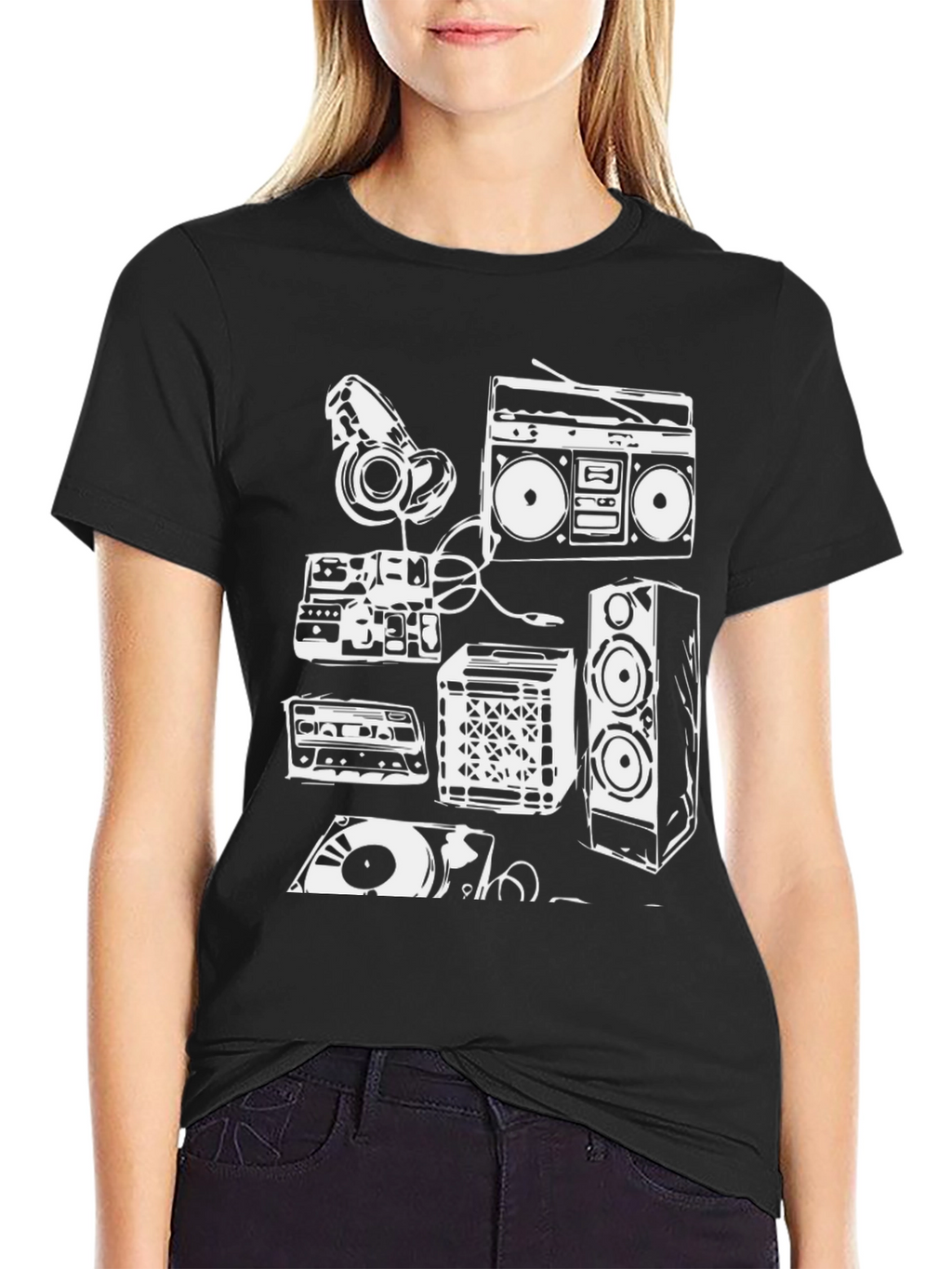 Retro Music Graphic Tee - Boombox & Vinyl Design