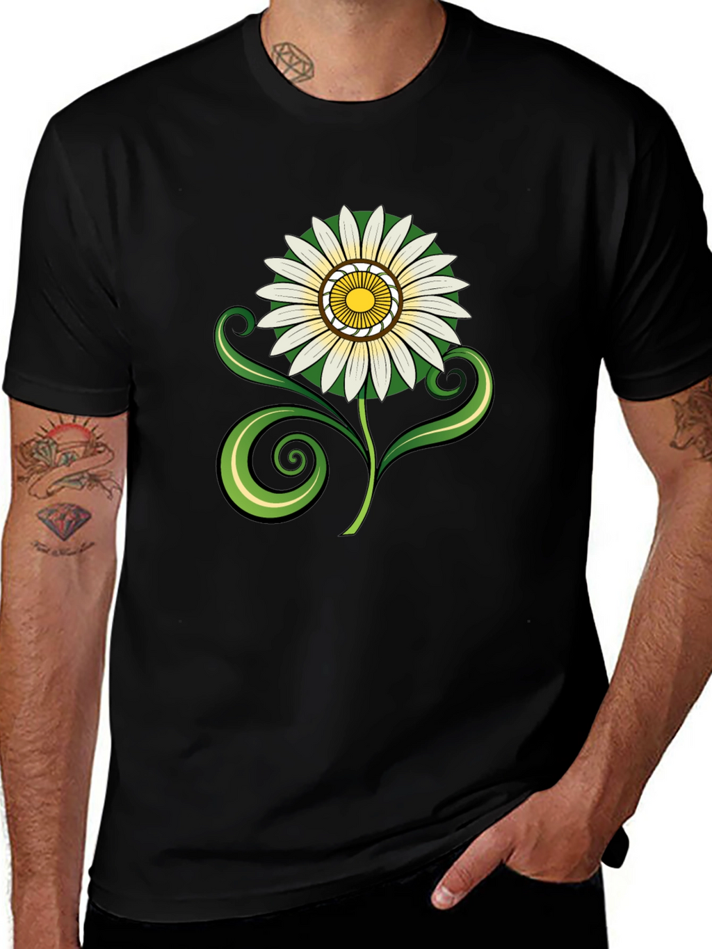 Black T-Shirt with White & Yellow Flower Graphic