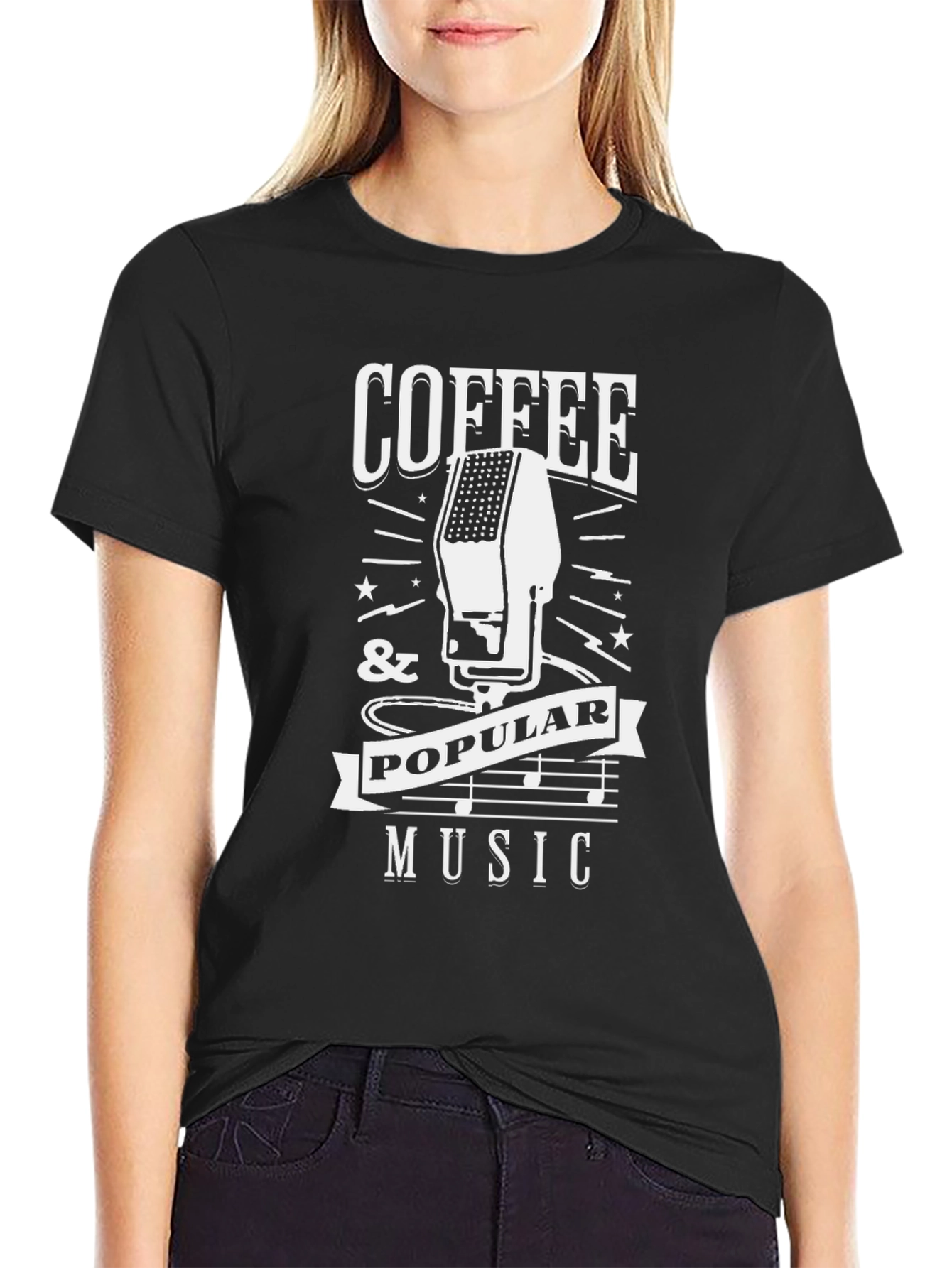 Coffee & Popular Music Graphic Tee - Black Cotton Blend