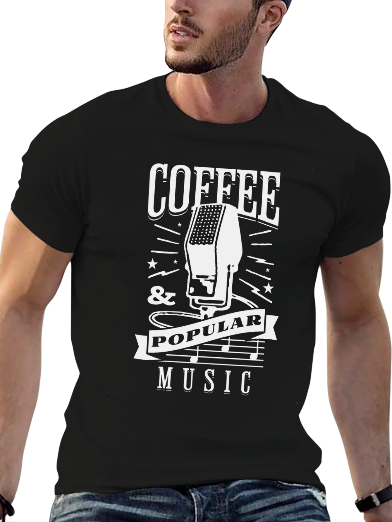Coffee & Popular Music Graphic Tee - Black Cotton Blend