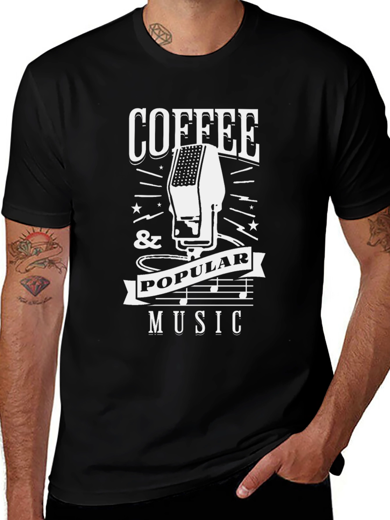 Coffee & Popular Music Graphic Tee - Black Cotton Blend