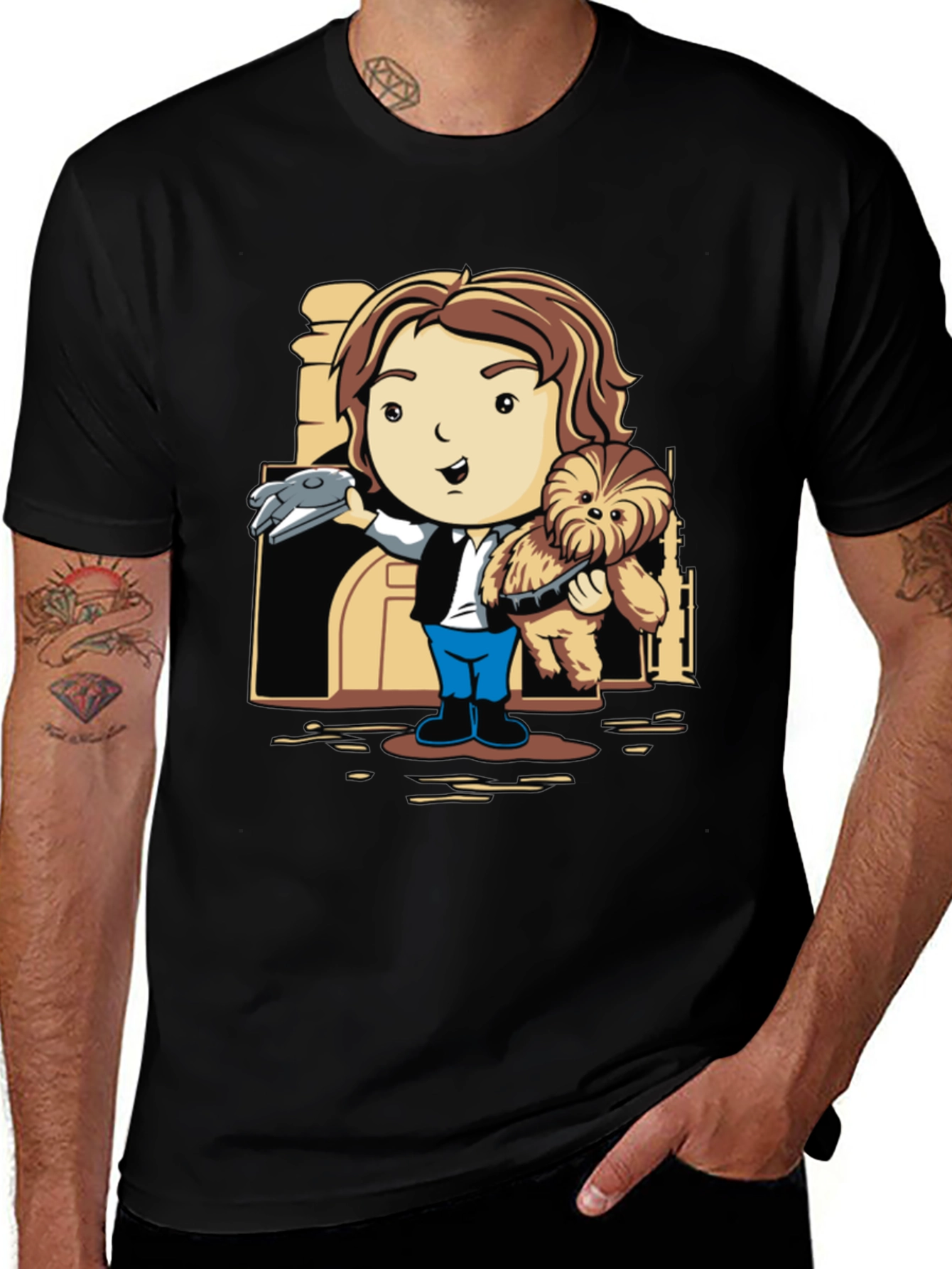 Han Solo & Chewbacca Cartoon Black T-Shirt