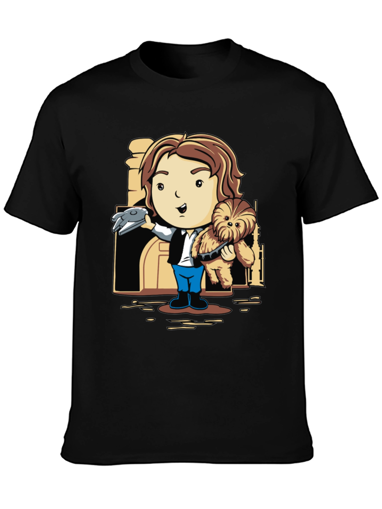 Han Solo & Chewbacca Cartoon Black T-Shirt