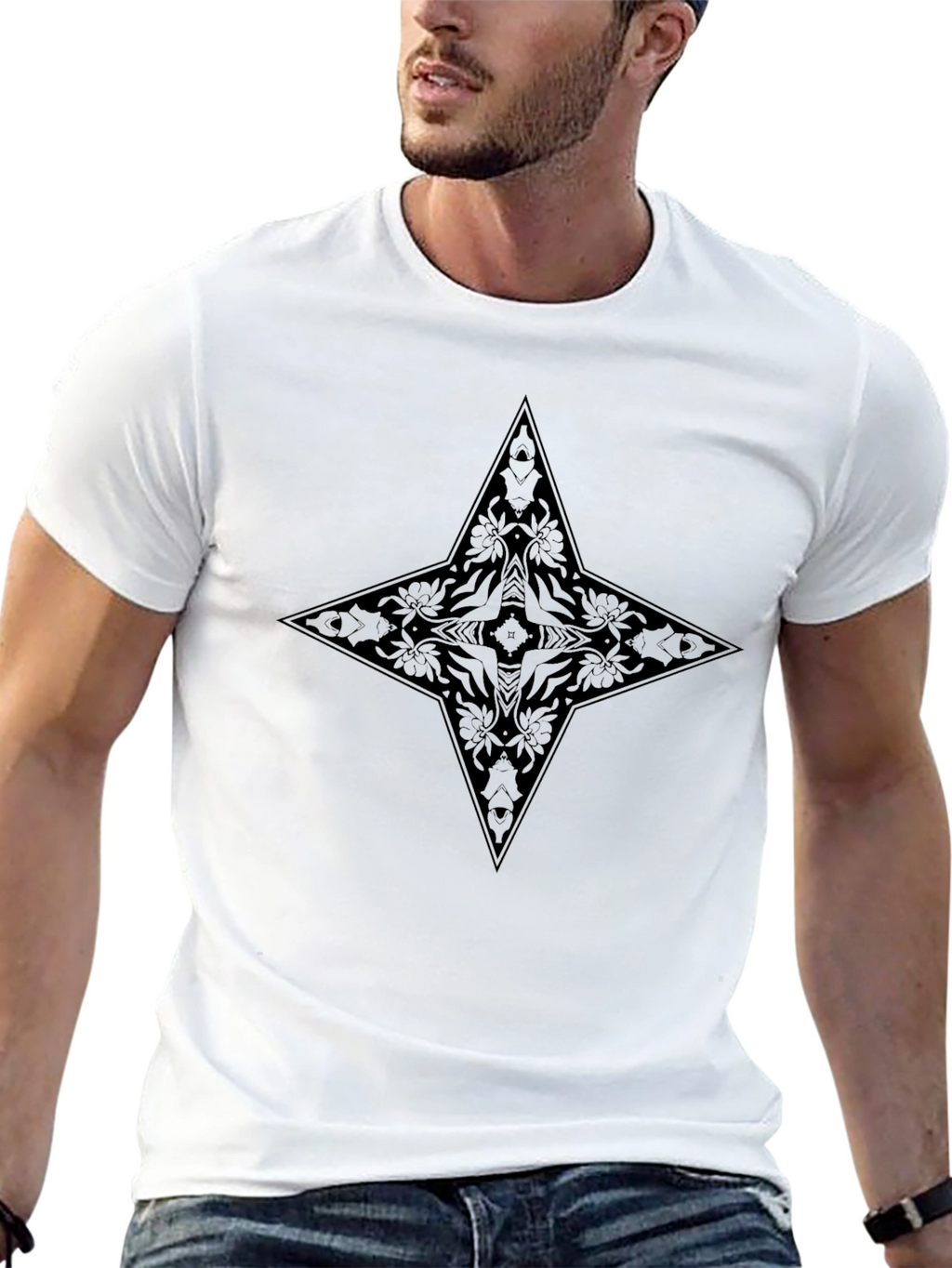 Black Floral Star Graphic Tee - Modern Style