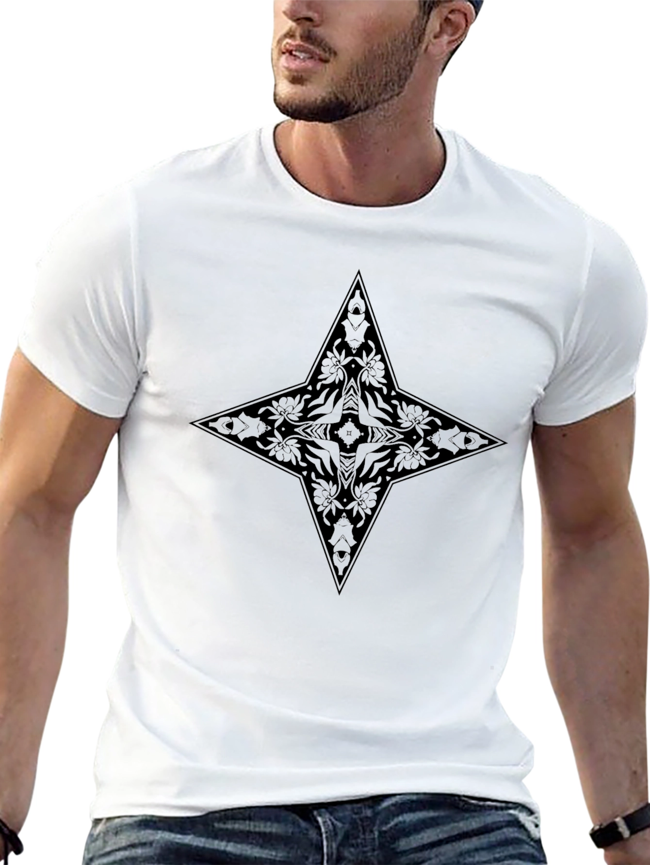 Black Floral Star Graphic Tee - Modern Style