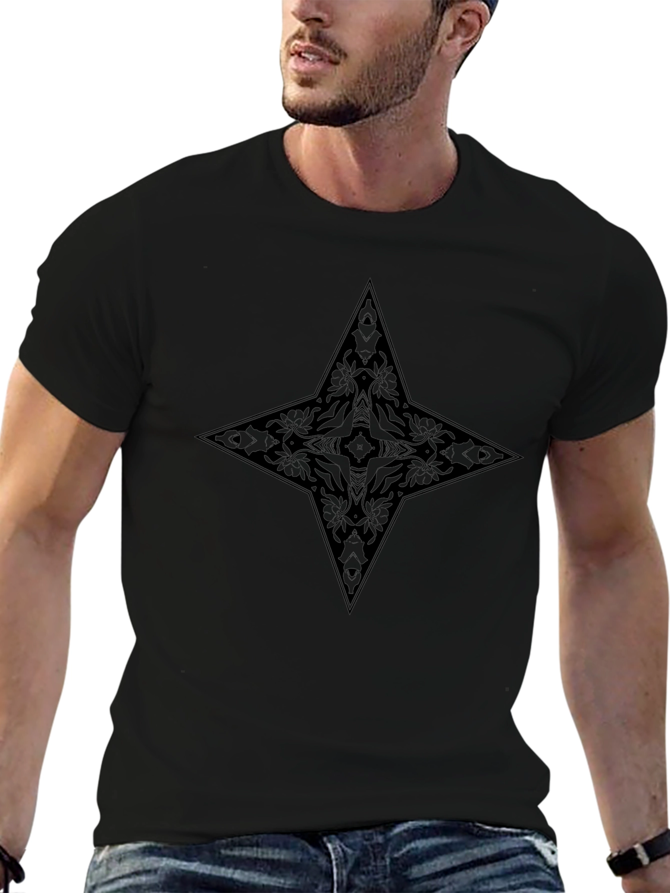 Black Floral Star Graphic Tee - Modern Style