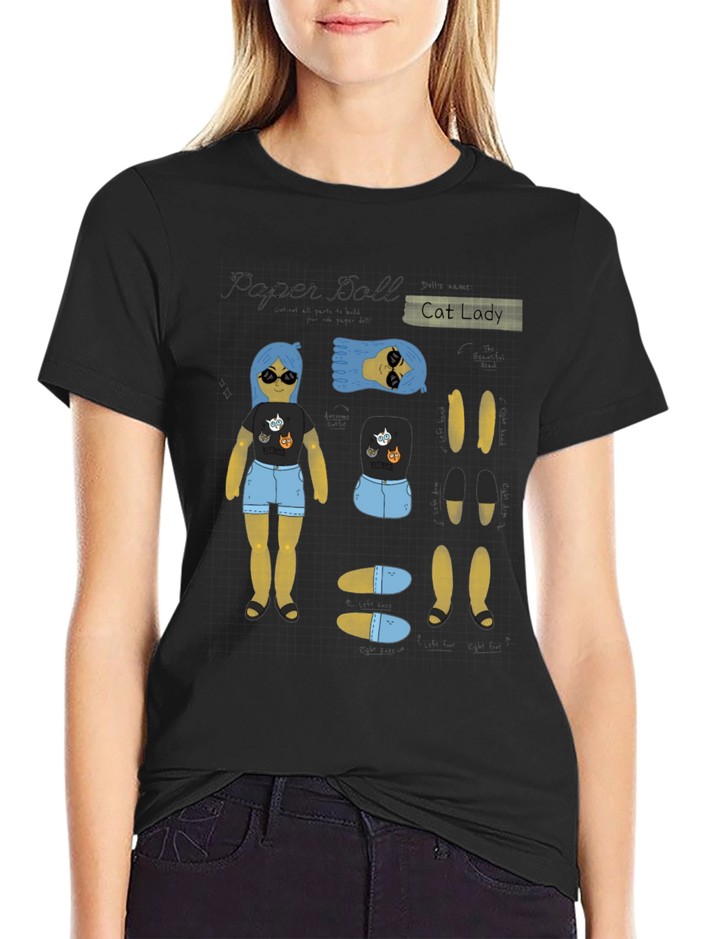 Paper Doll Cat Lady T-Shirt Novelty Tee