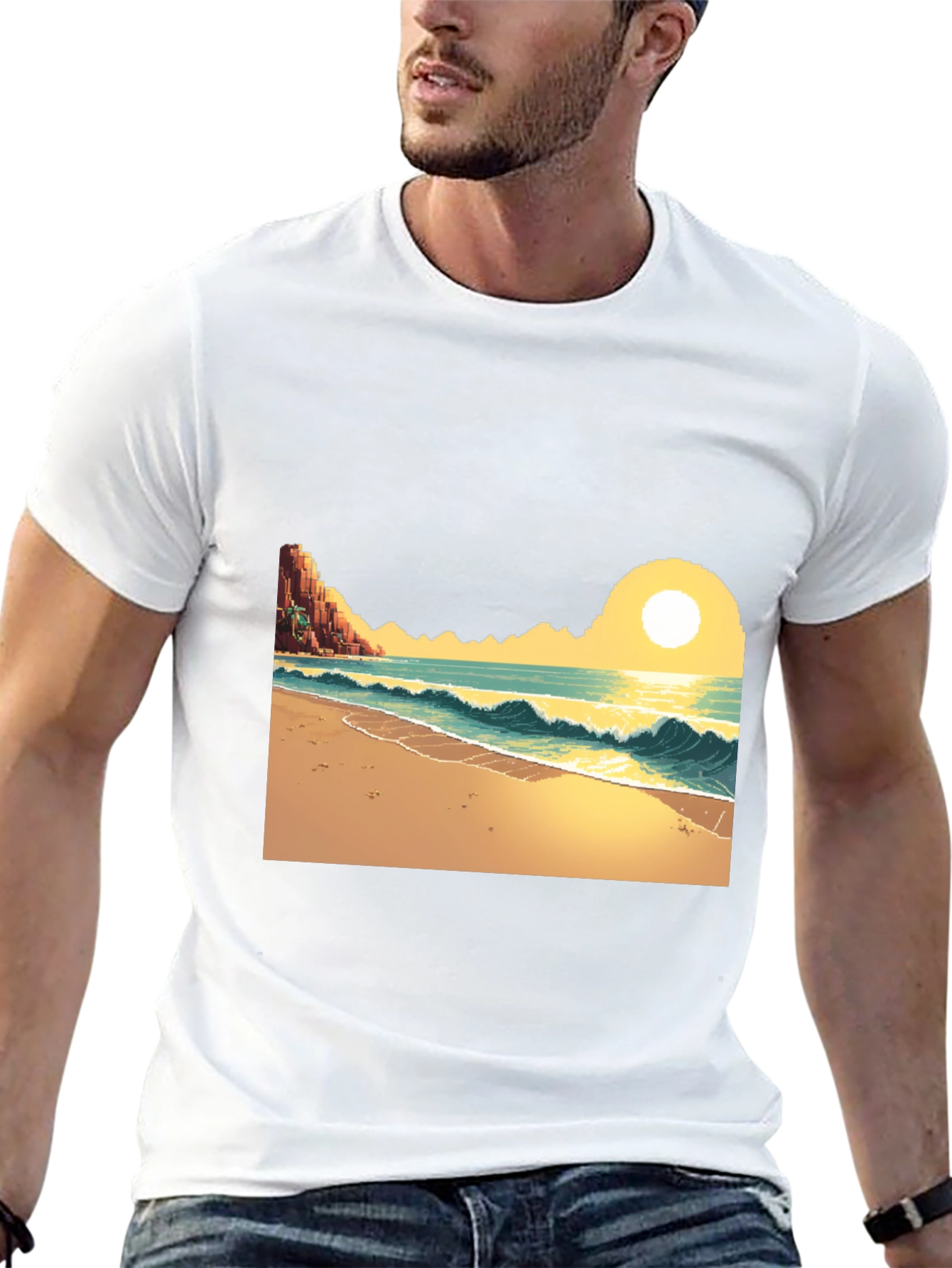 Pixel Art Beach Black T-Shirt