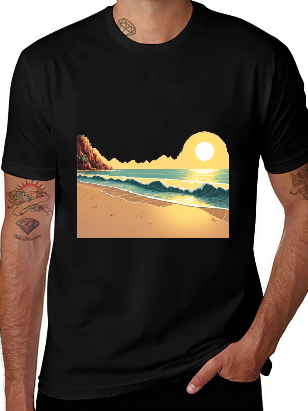 Pixel Art Beach Black T-Shirt
