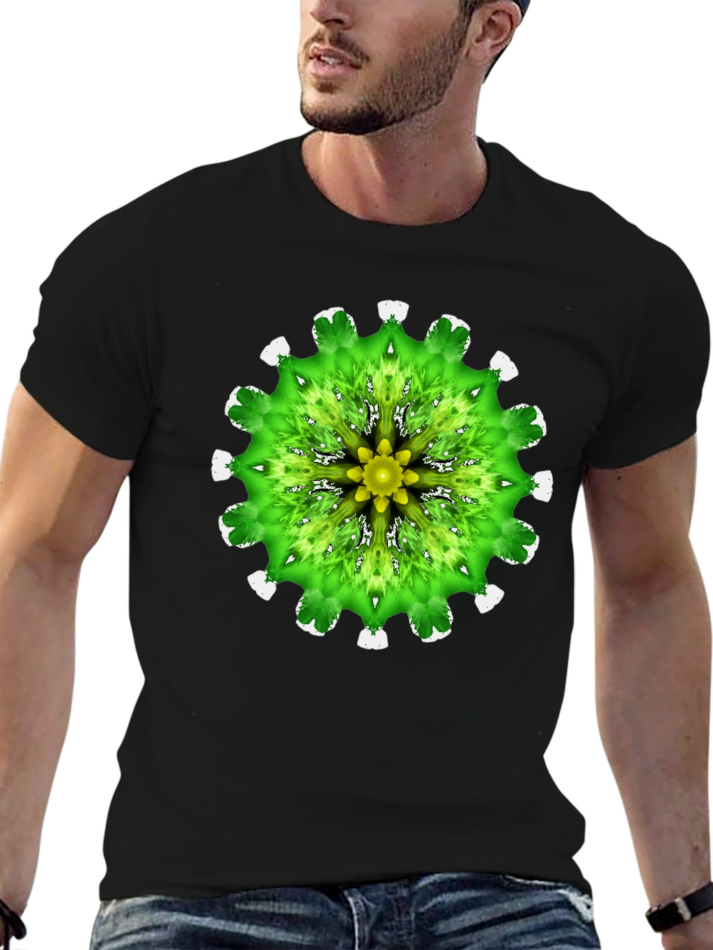Green Mandala Graphic Black T-Shirt